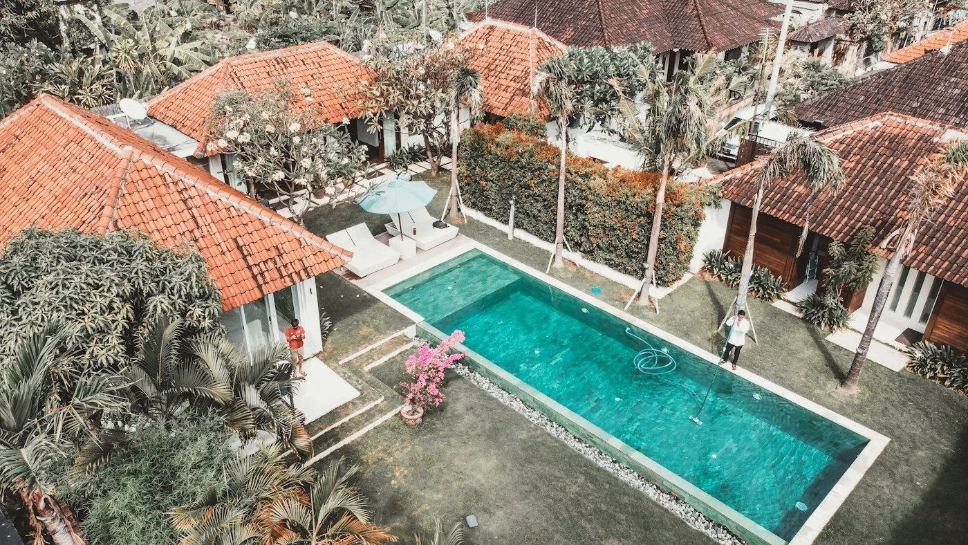 Aerial view of a villa and swimming pool in Sanur, Bali